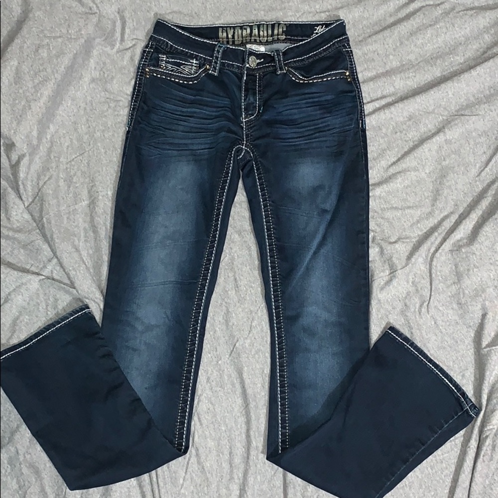 Dark wash micro boot hydraulic jeans